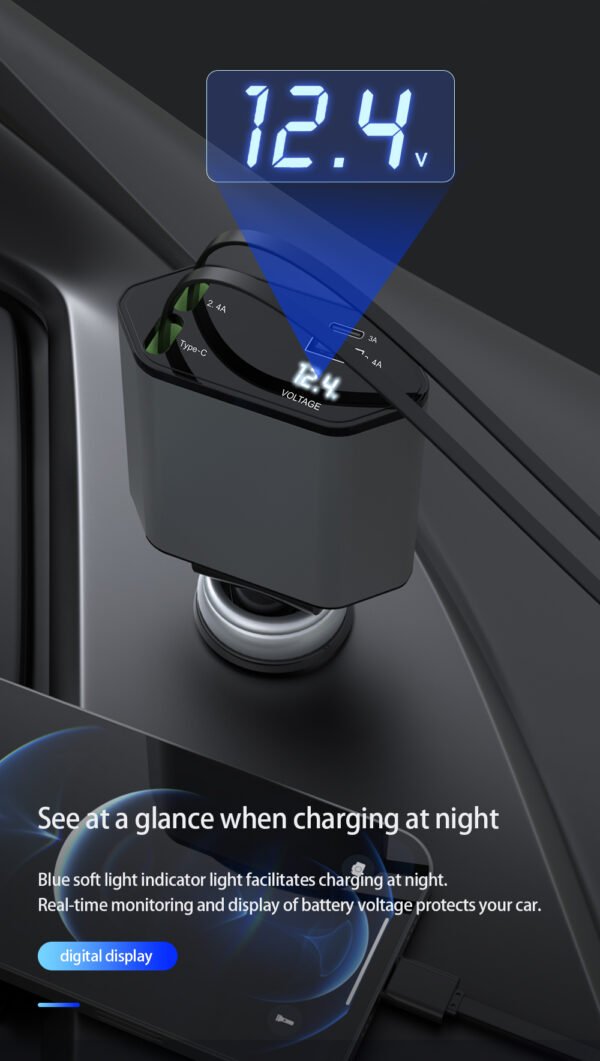 STILL Retractable Car Charger with Dual USB & Type-C Outputs - Image 4