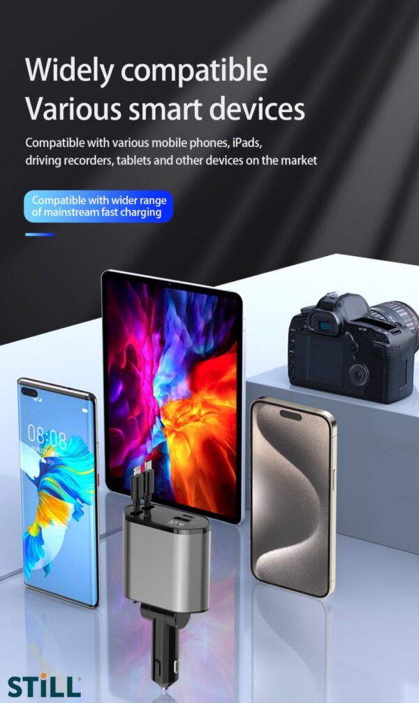 STILL Retractable Car Charger with Dual USB & Type-C Outputs - Image 3